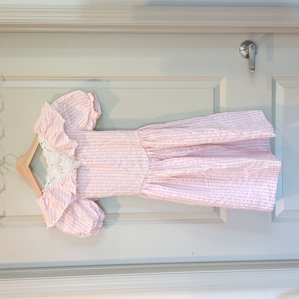 Rare Editions Girls Dress Size 8, Pink and White with Ruffles, Waist Tie 80s